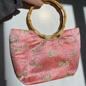 Elegant Pink and Gold Vintage Chinese Handbag with Bamboo Handle 90s